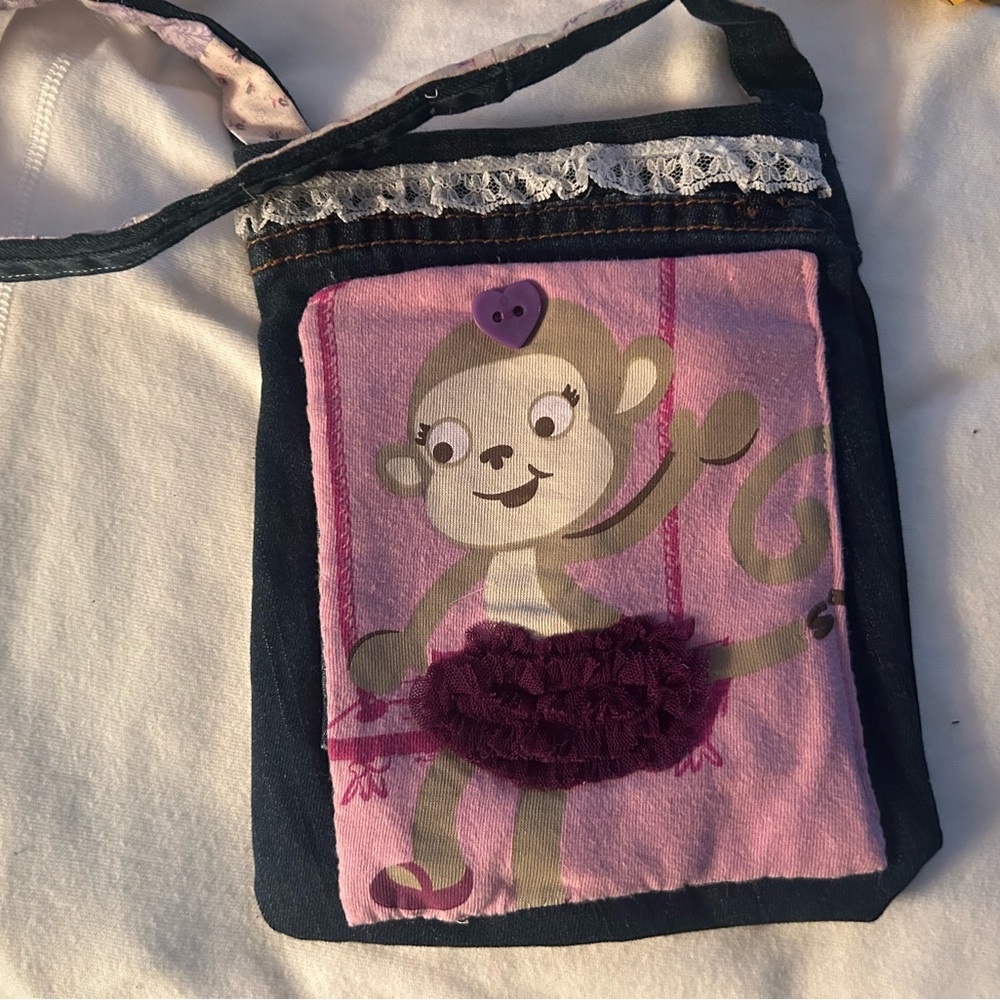 Repurposed girl’s jeans purse monkey pic purple